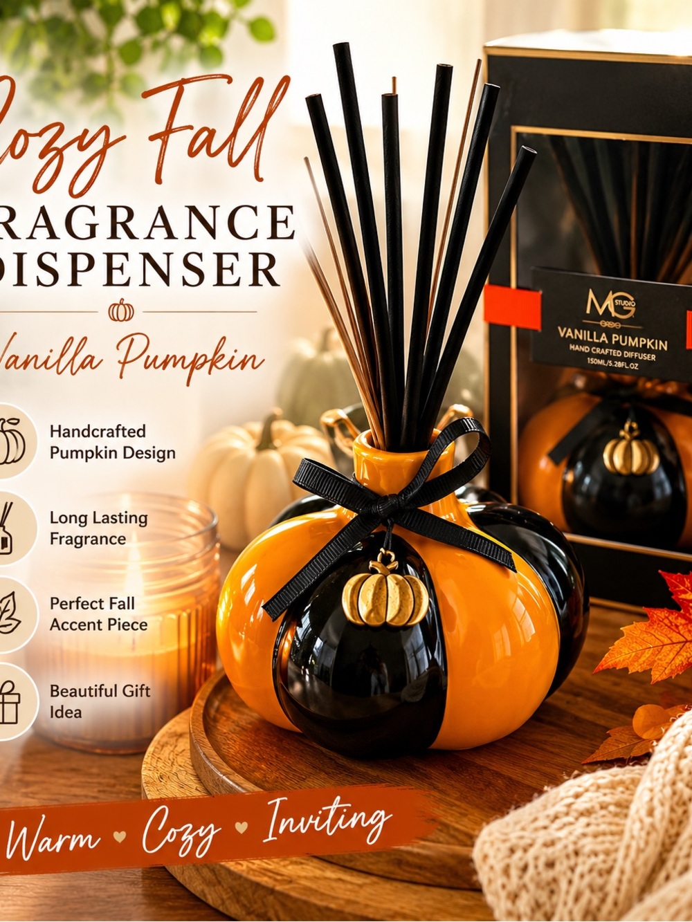 Vanilla Pumpkin Fragrance Diffuser - Orange & Black Pumpkin Design
